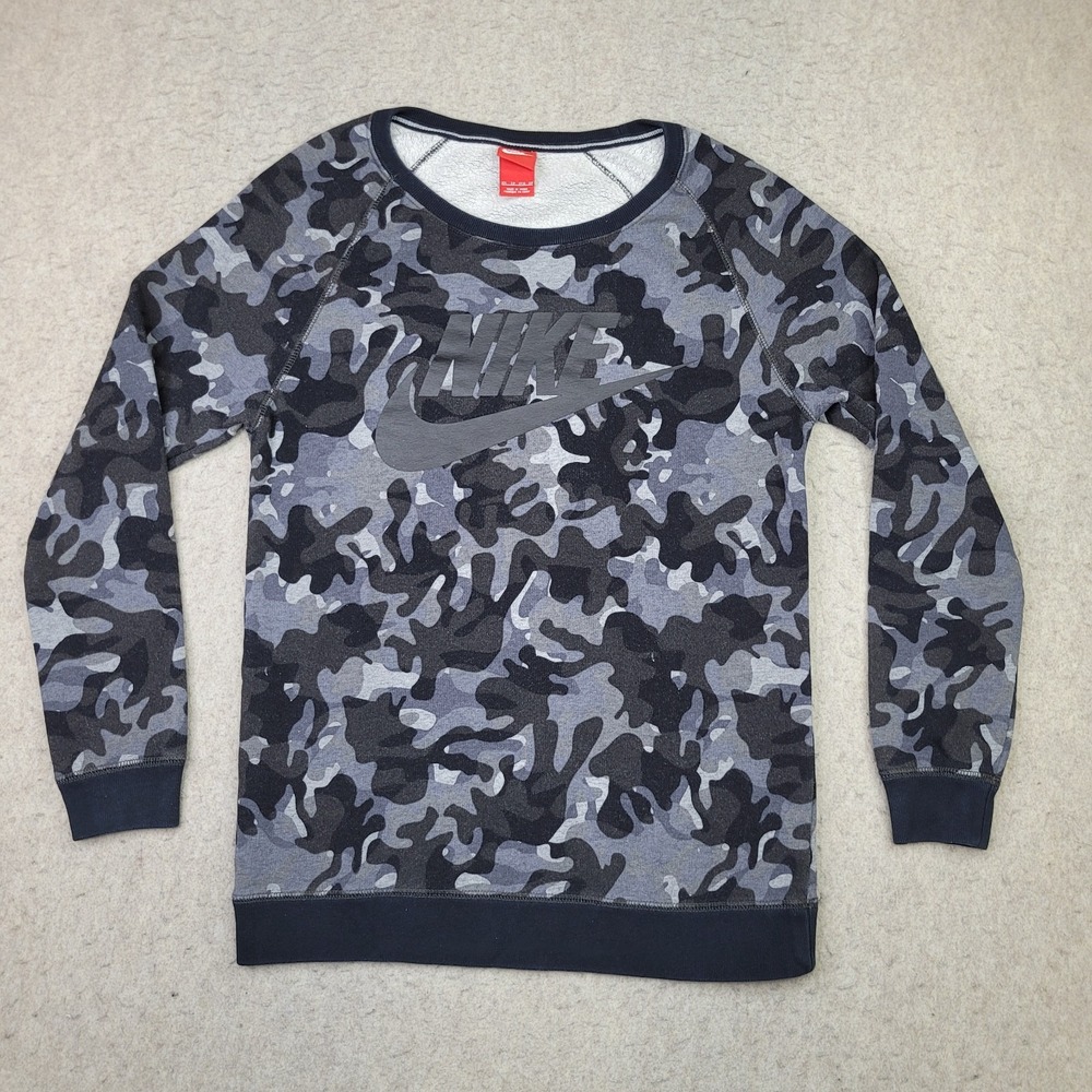 Nike Rally Boyfriend Logo Graphic Gray Camo Print Womens XS Crew Sweatshirt‎